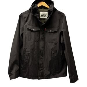 Levi's Jacket Mens Small Black Hooded Full Zip + Snap Softshell Outdoors Pockets